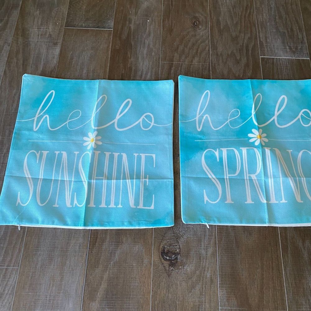 Pillow Case Covers Blue Hello Spring & Sunshine Daisy Flower Throw Pair of 2